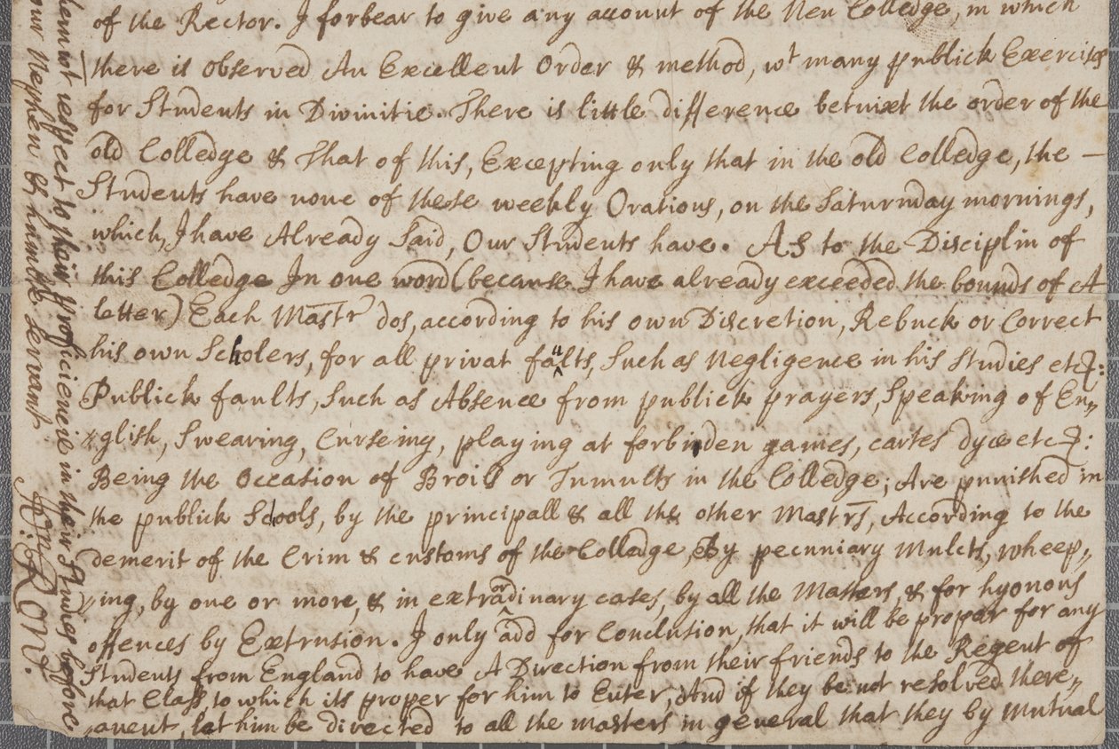 Una carta de John Row, un estudiante en St Andrews, a su tío, 1691 de John Row