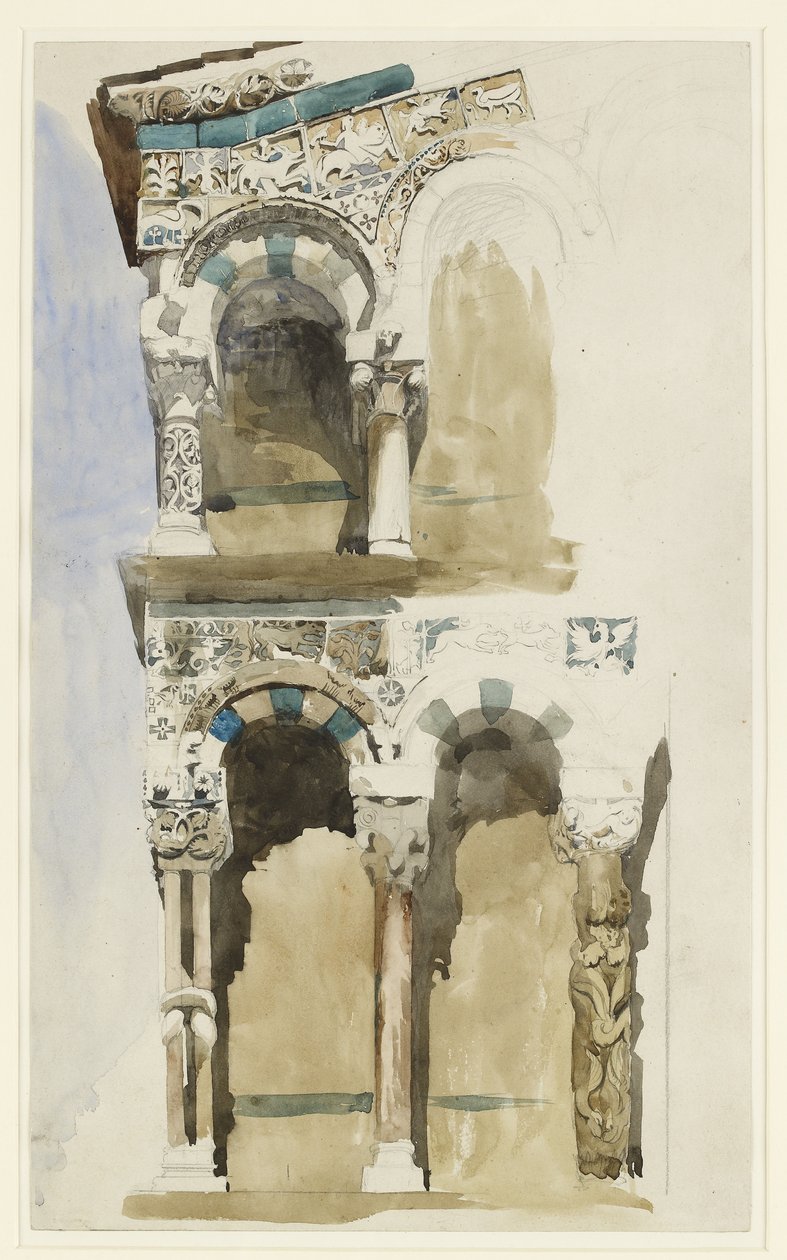Parte de la fachada de la destruida Iglesia de San Michele in Foro, Lucca, esbozada en color, 30 de junio - 1 de julio de 1846 de John Ruskin