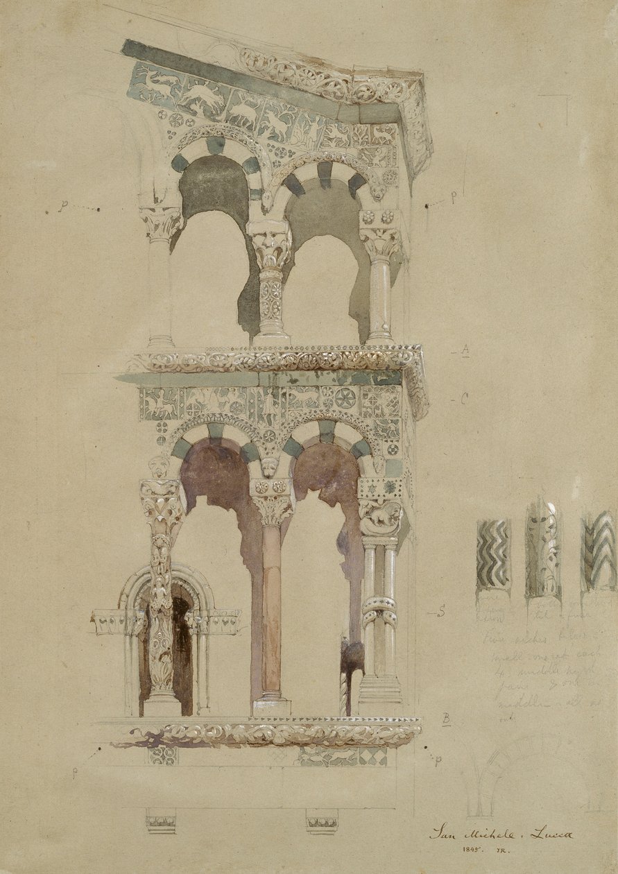 Parte de la fachada de la destruida Iglesia de San Michele in Foro, Lucca, como apareció en 1845 de John Ruskin