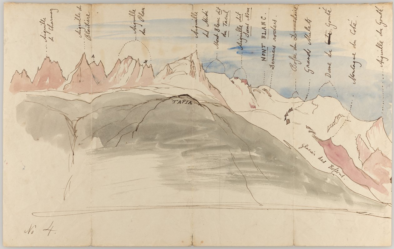 La cordillera del Mont Blanc vista desde las cercanías de Chamonix (anverso); bocetos de la cordillera del Mont Blanc desde el Tapia, situado sobre Chamonix, vista desde Ginebra y vista desde el Dole (reverso) de John Ruskin