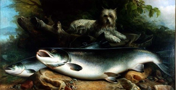 Guardando la captura del día; un terrier de Skye con un salmón macho y hembra de John Russell