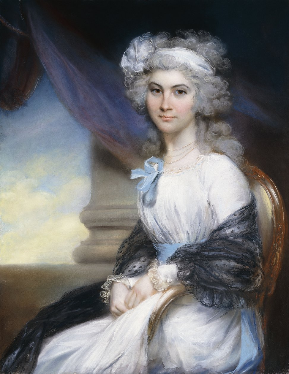 Retrato de la señorita Sophia Vansittart, tres cuartos de longitud, con un vestido blanco con una cinta blanca en su cabello empolvado y un chal negro sobre sus hombros, sentada junto a una columna clásica de John Russell
