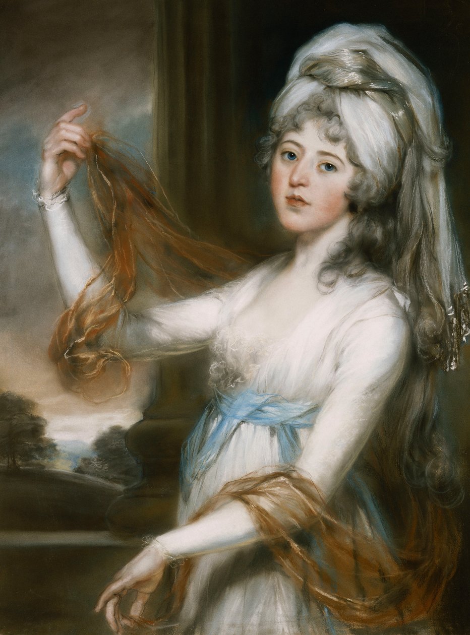 Retrato de Sarah, esposa de Walker King, obispo de Rochester, tres cuartos de longitud, con un vestido blanco y una faja azul de John Russell