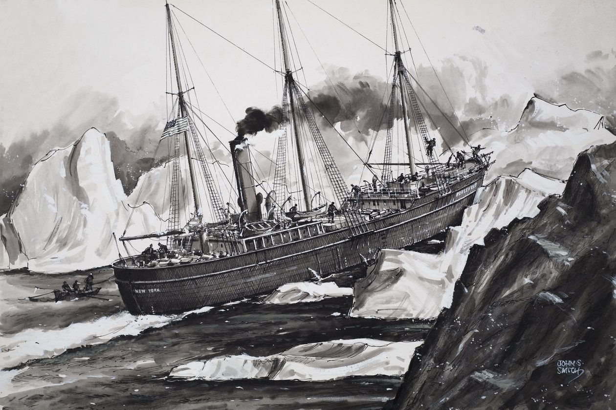 El Roosevelt atravesando el hielo para llegar al Polo Norte (gouache sobre papel) de John S. Smith