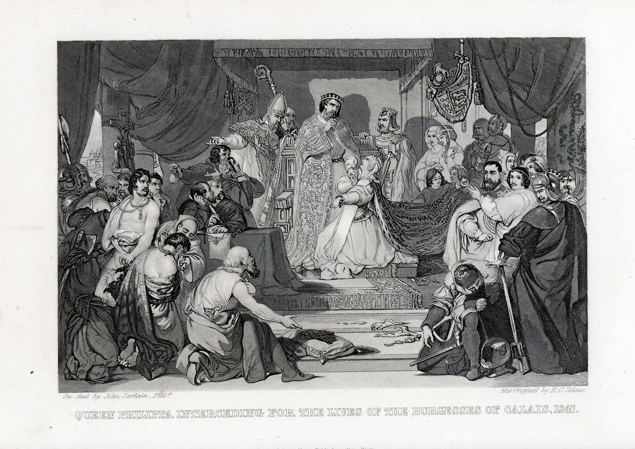 La reina Felipa intercediendo por la vida de los burgueses de Calais, 1347, 1882 de John Sartain