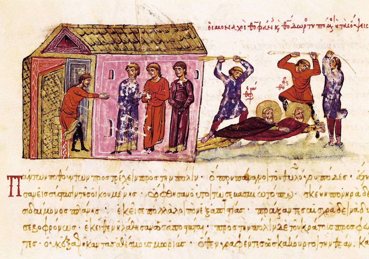 Los monjes San Teófanes el Confesor (c.759-818) y San Teodoro el Estudiante (759-826) azotados por orden del emperador Teófilo, miniatura de la "Synopsis historiarum", c.1126-1150 de John Scylitzes