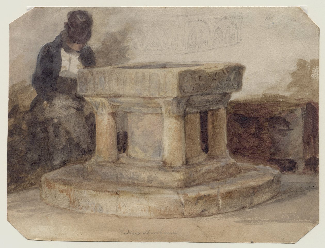 La fuente de la iglesia de New Shoreham, West Sussex, con el artista, William Scott de Brighton ¿durmiendo? de John Sell (style of) Cotman