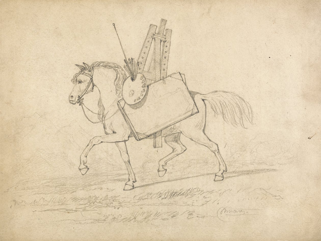 Un caballo cargado con el equipo del artista, caminando hacia la izquierda de John Sell Cotman