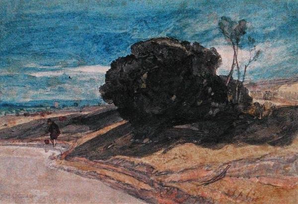 Un pescador en la orilla de un río cerca de un grupo de árboles de John Sell Cotman