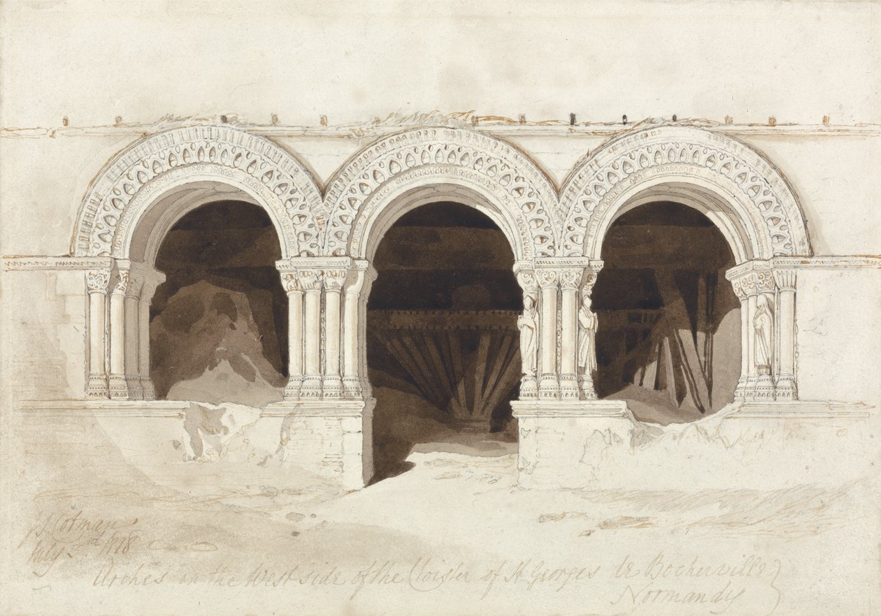Arcos en el lado oeste del claustro de St. Georges de Boscherville, cerca de Rouen, Normandía, c.1818 de John Sell Cotman
