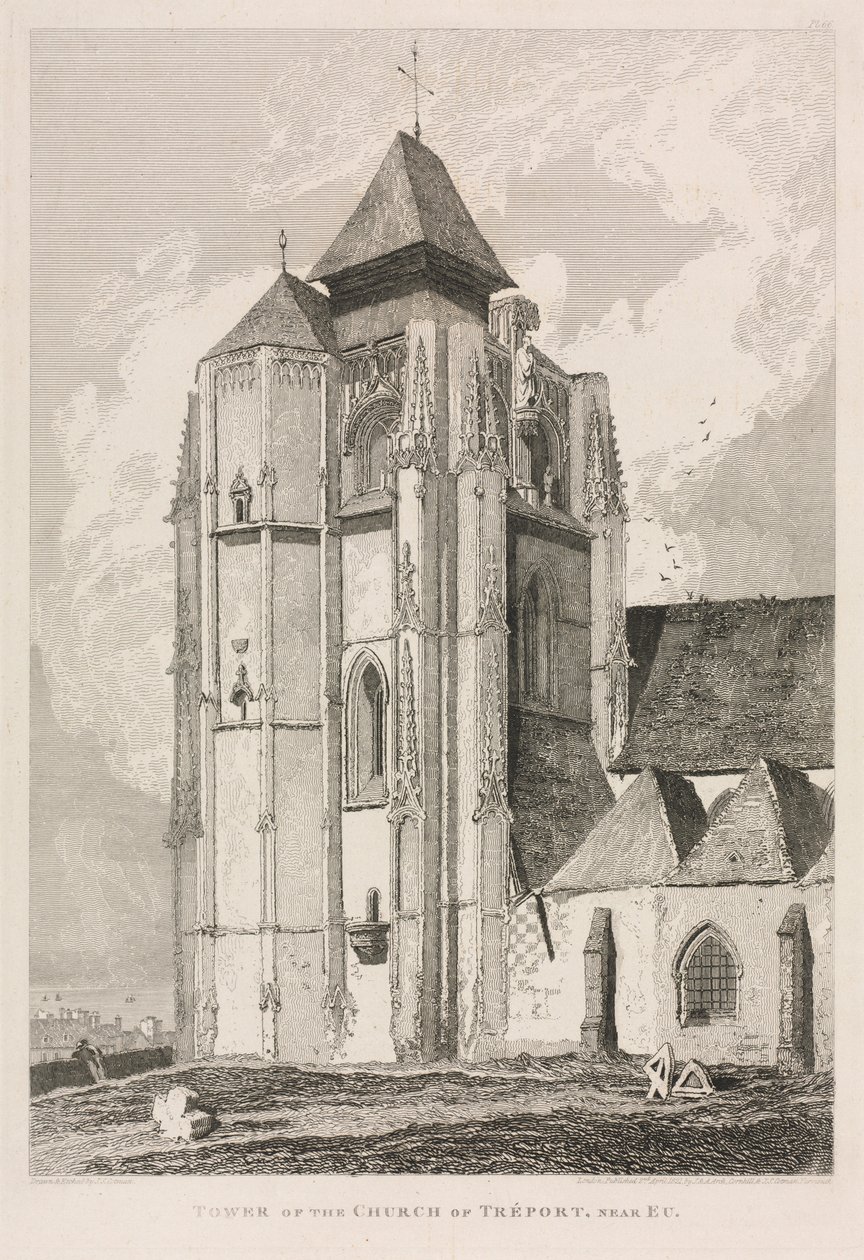 Antigüedades arquitectónicas de Normandía (Vol. II), Pl. 66: Torre de la Iglesia de Tréport, cerca de Eu de John Sell Cotman