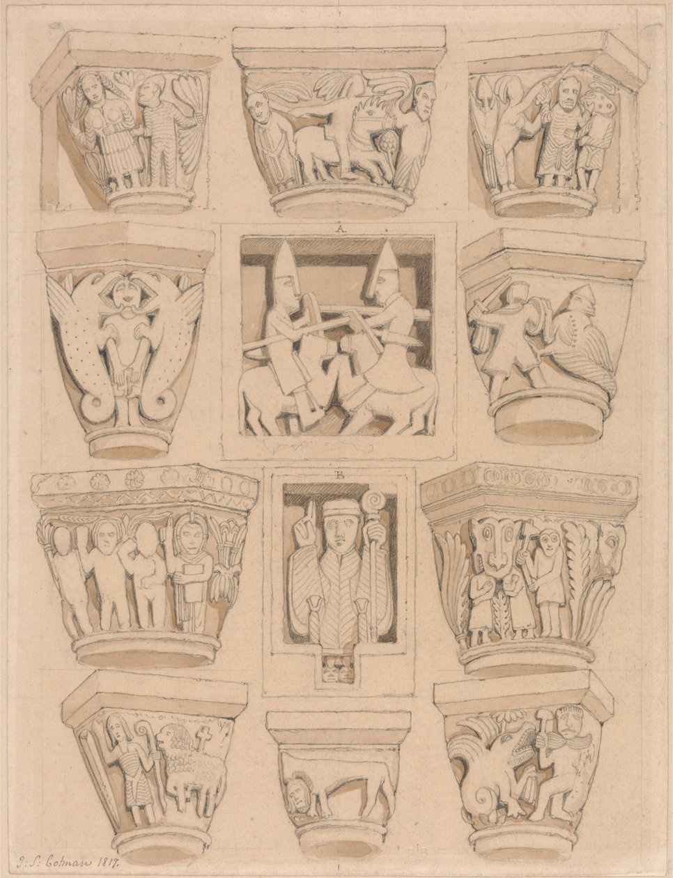 Capiteles y A amp; B Bajo relieve en la iglesia abacial de Saint Georges de Bocherville, cerca de Ruán, Normandía. de John Sell Cotman