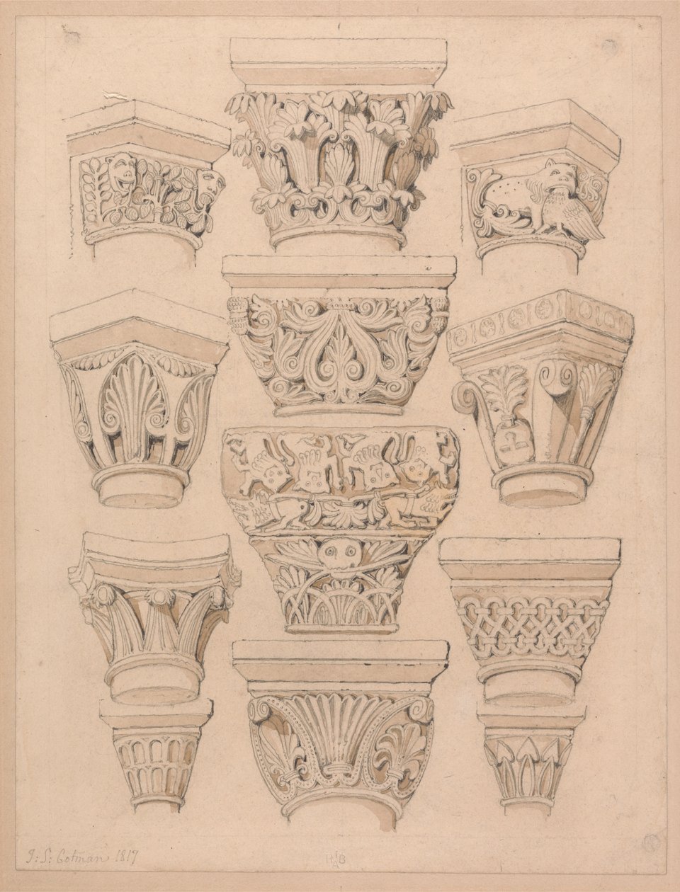 Capiteles de la iglesia abacial de St. Georges de Bocherville, cerca de Ruán, Normandía de John Sell Cotman