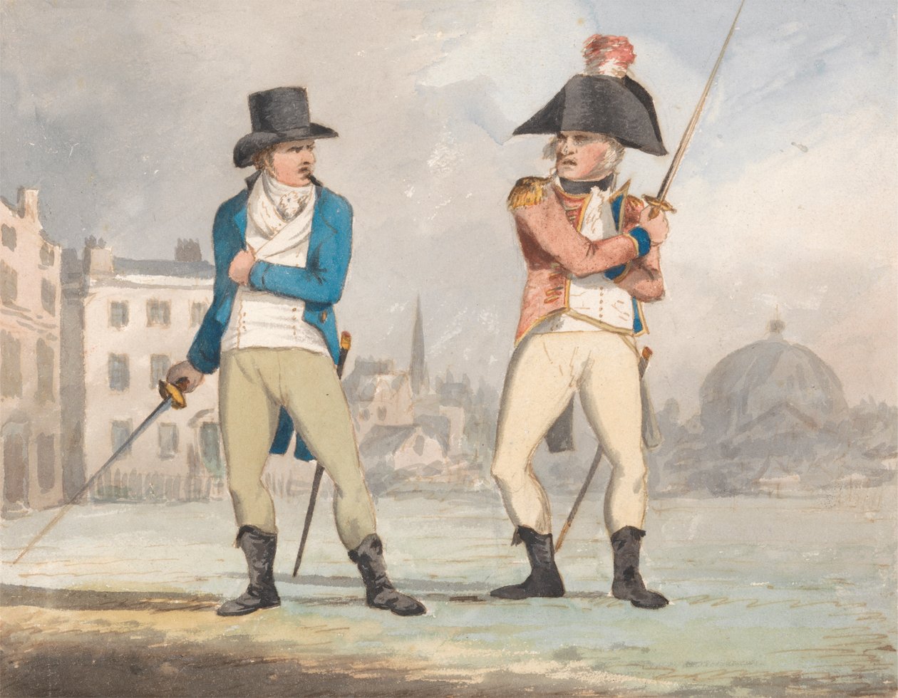 Caricatura de dos hombres con espadas desenvainadas (de un lote de tres) de John Sell Cotman