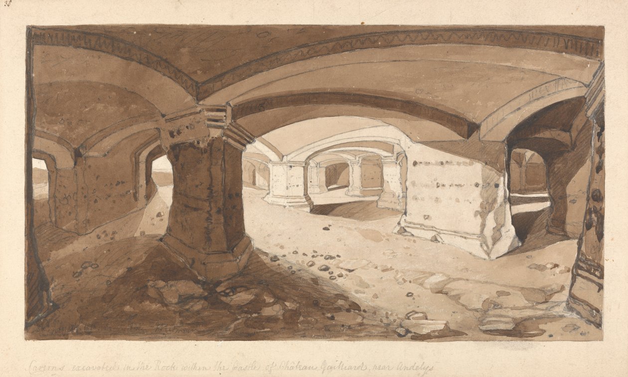 Cavernas excavadas en la roca dentro del castillo de Chateau Gaillard, cerca de Andelys, Normandía de John Sell Cotman