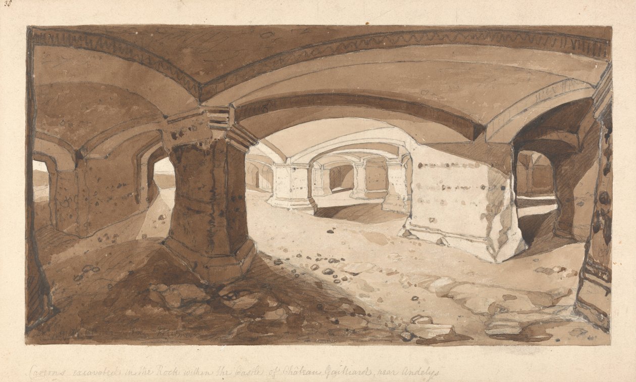 Cavernas excavadas en la roca dentro del castillo de Chateau Gaillard, cerca de Andelys, Normandía de John Sell Cotman