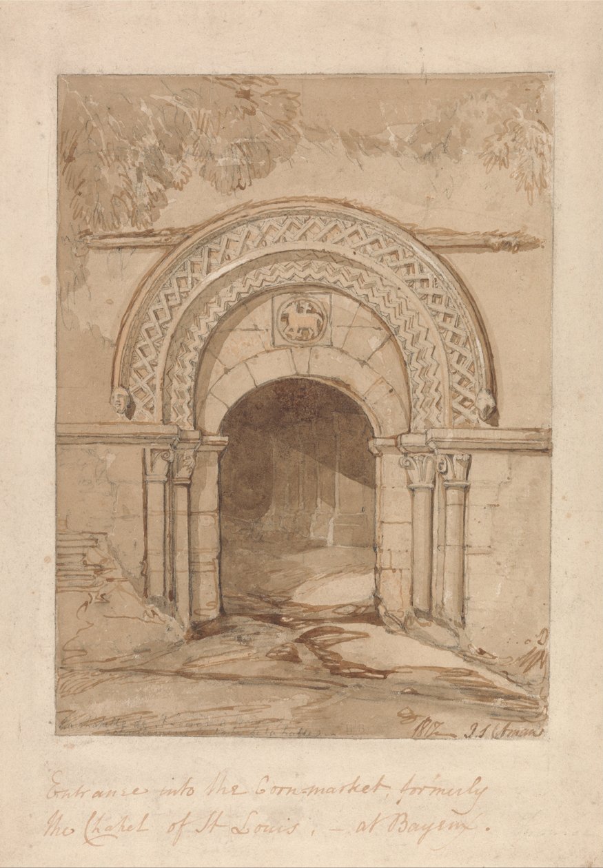 Entrada al Mercado de la Cornisa, antigua capilla de San Luis, en Bayeux de John Sell Cotman