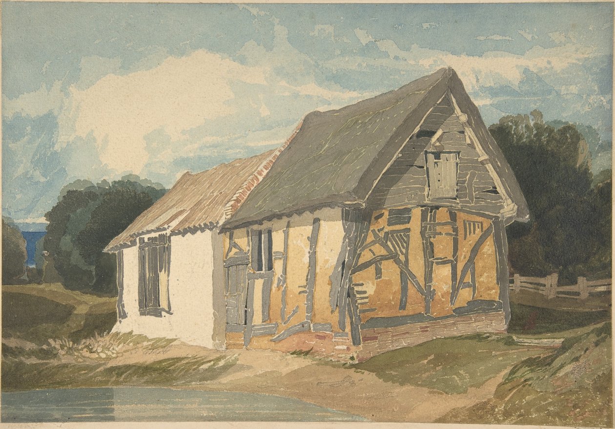 Edificio de granja junto a un estanque de John Sell Cotman