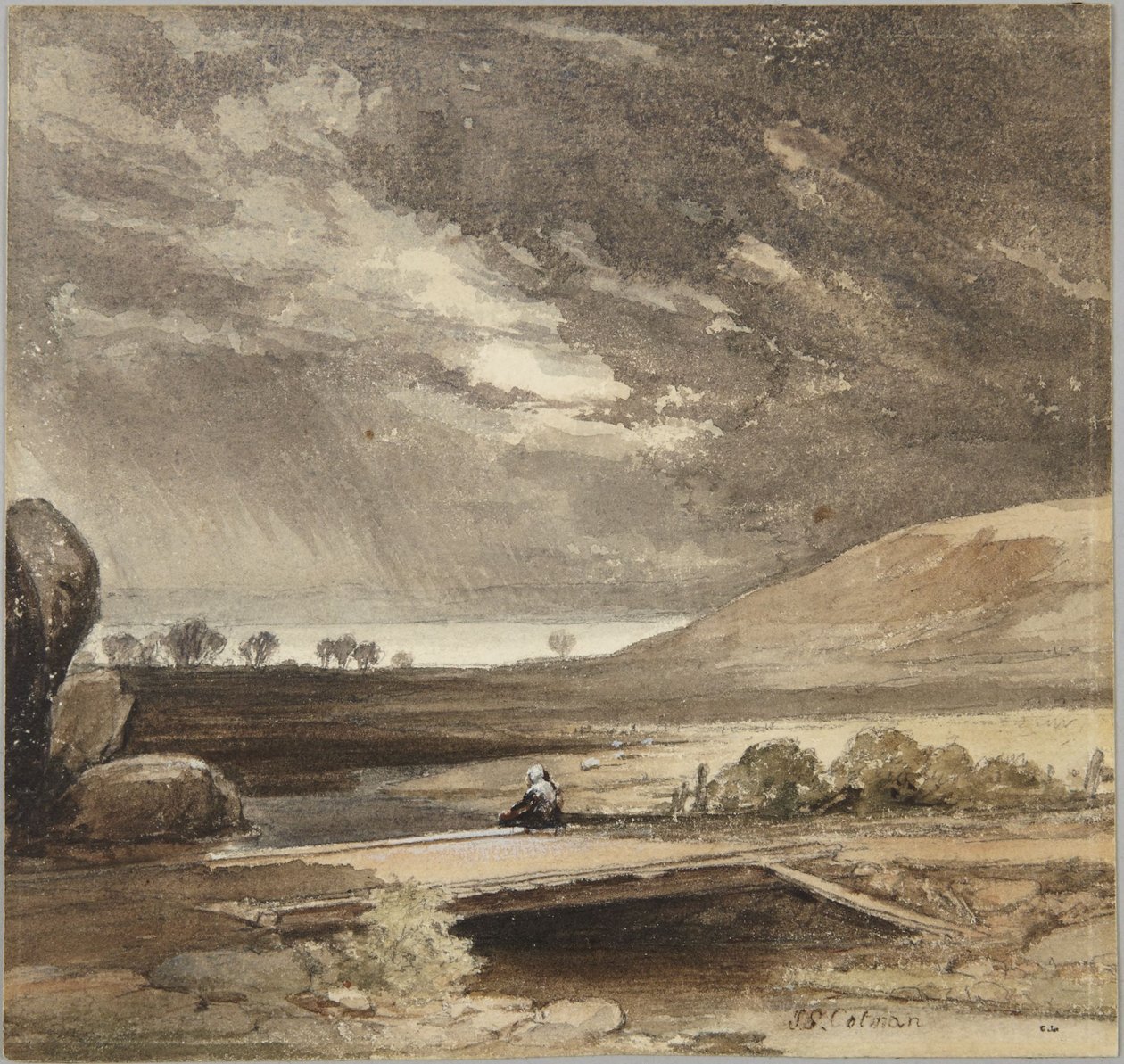 Paisaje con nubes tormentosas y puente de John Sell Cotman