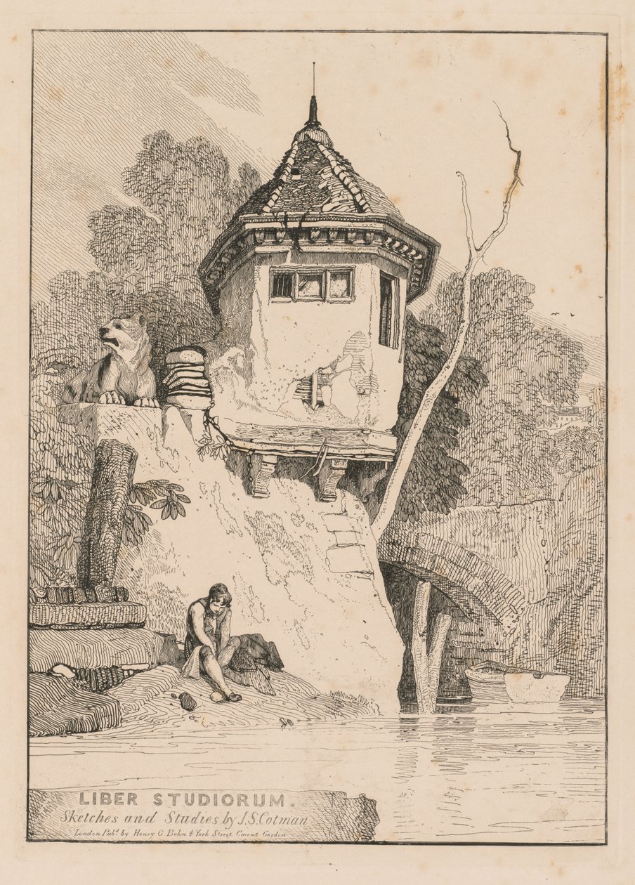 Liber Studiorum; Frontispicio, Vista de una casa jardín a orillas del río Yare de John Sell Cotman