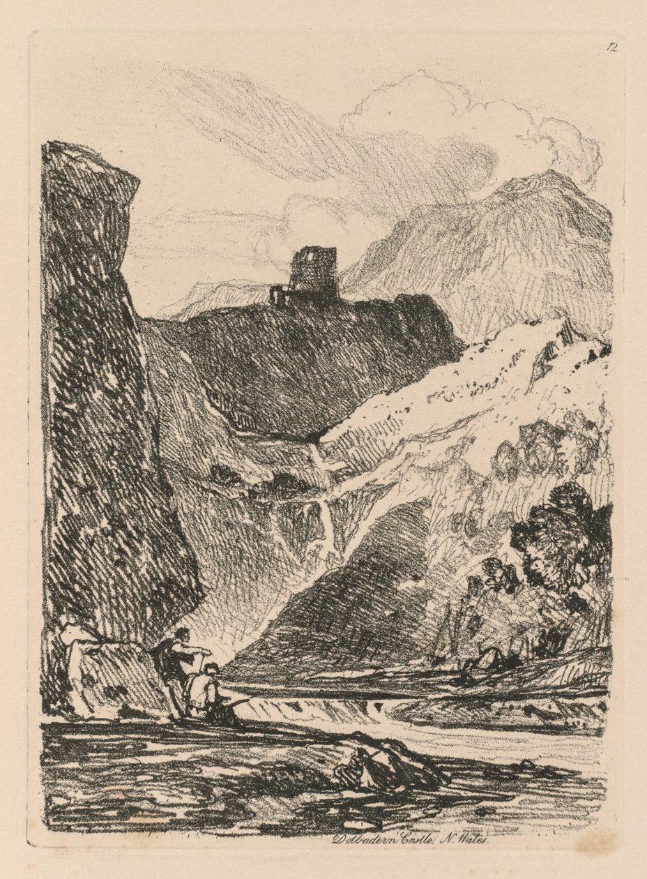 Liber Studiorum: Placa 12, Castillo Dolbadern, Lago Llanberris, Gales del Norte de John Sell Cotman