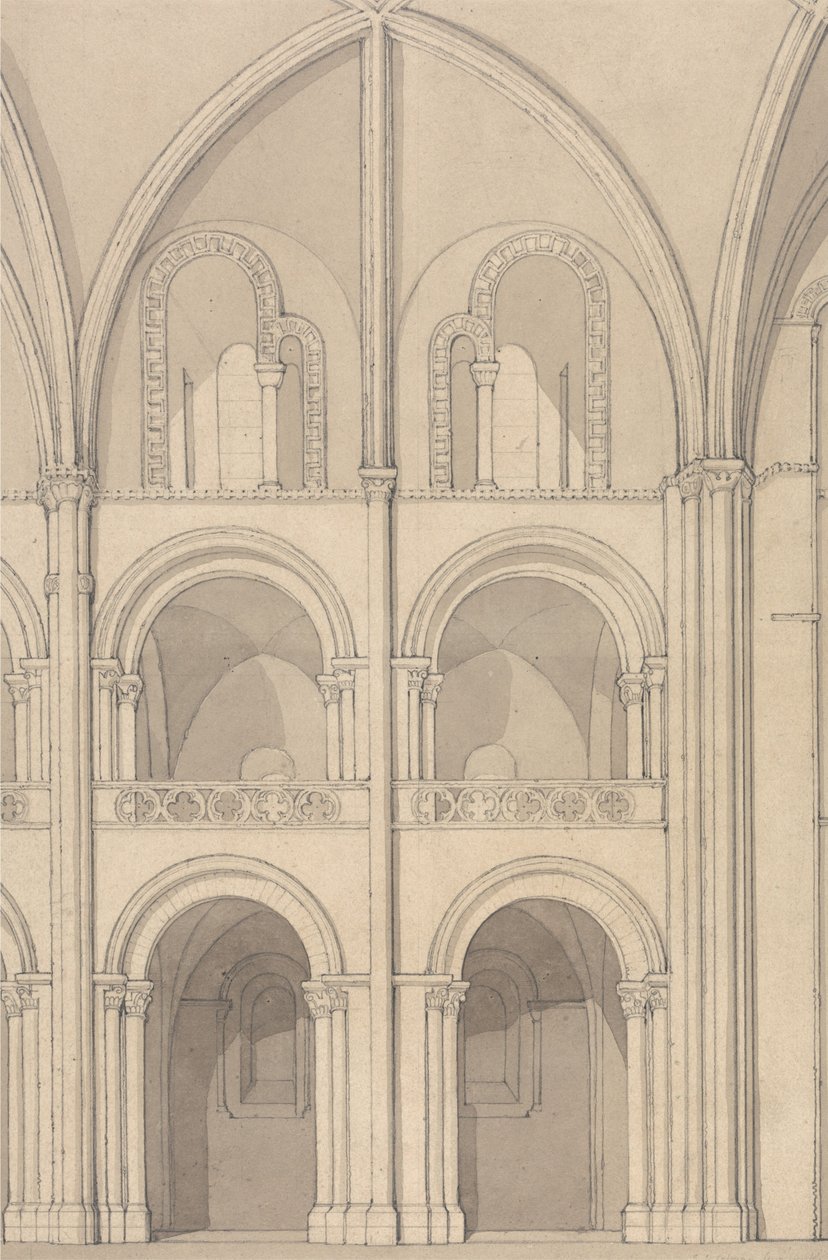 Alzado en perspectiva de una parte de la iglesia abacial de San Esteban en Caen, Normandía de John Sell Cotman