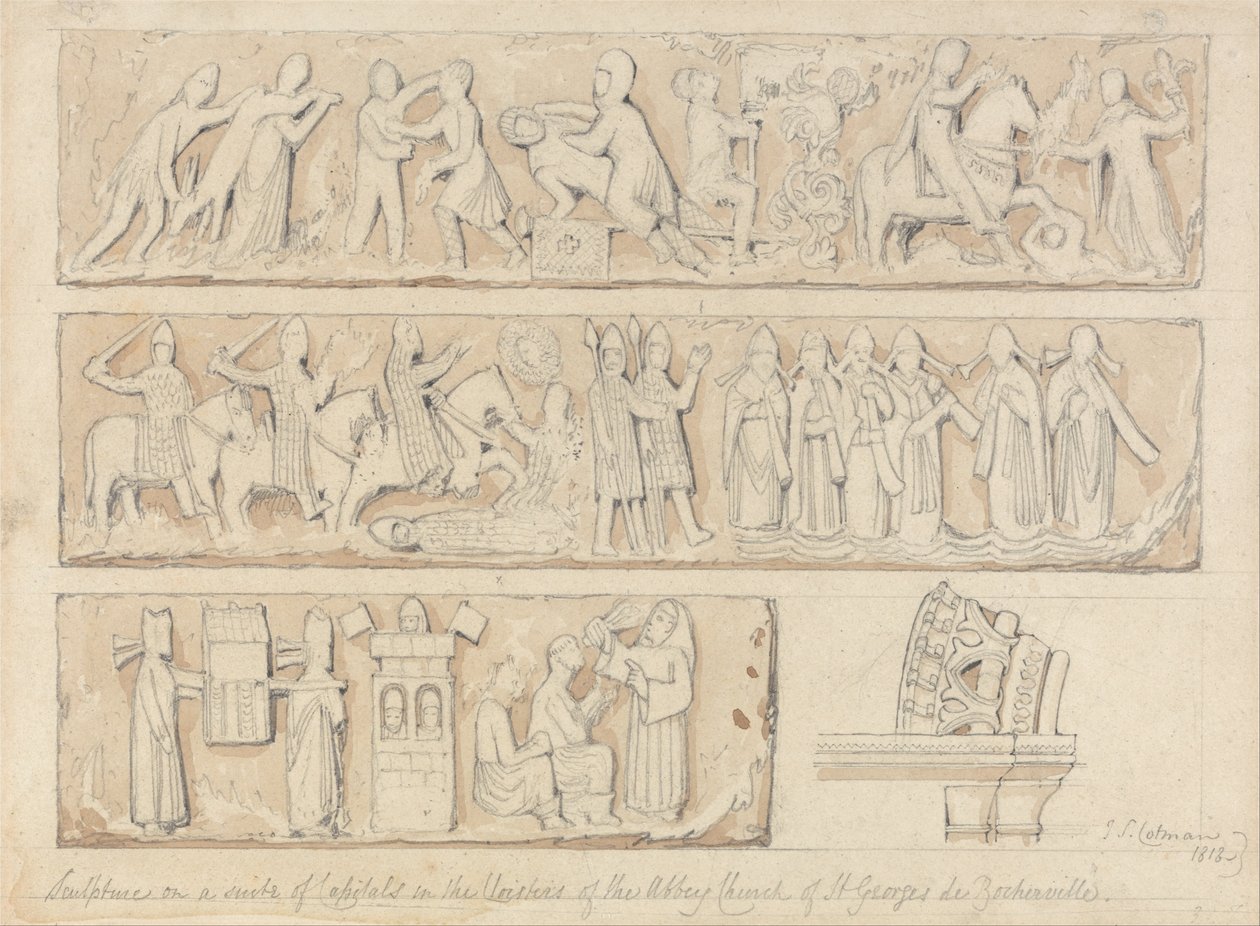 Escultura sobre un conjunto de capiteles en los claustros de la iglesia abacial de Saint Georges de Bocherville, cerca de Ruán, Normandía de John Sell Cotman