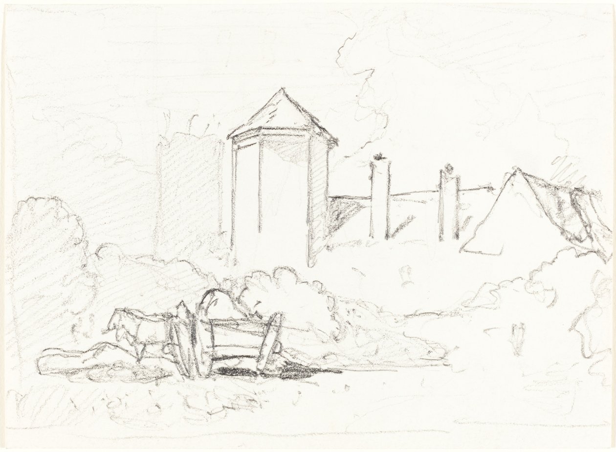 Boceto de edificios con carro y caballos en primer plano de John Sell Cotman
