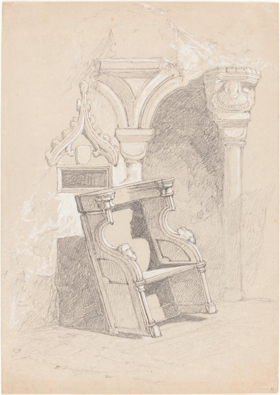 Boceto del interior de una iglesia en ruinas con silla de John Sell Cotman