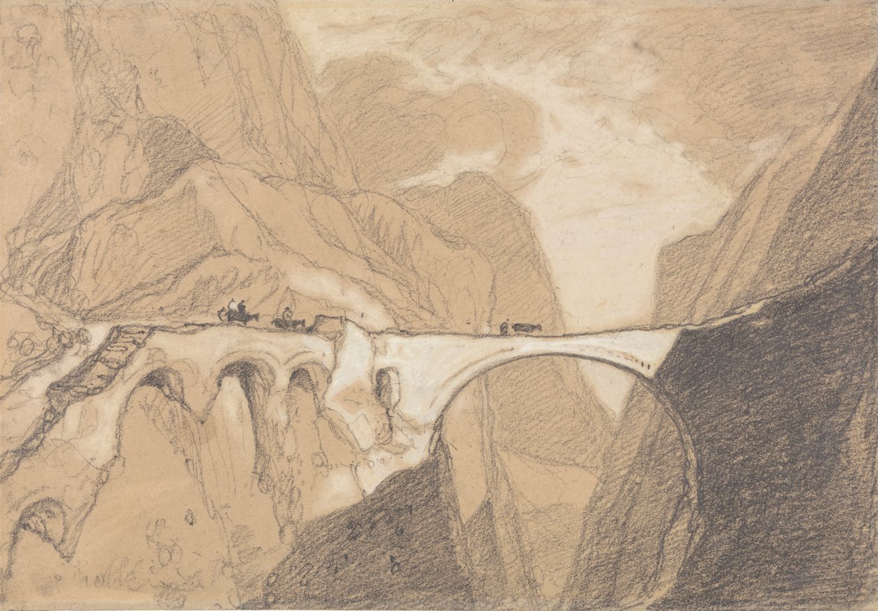 Viajeros cruzando un puente sobre un desfiladero alpino de John Sell Cotman