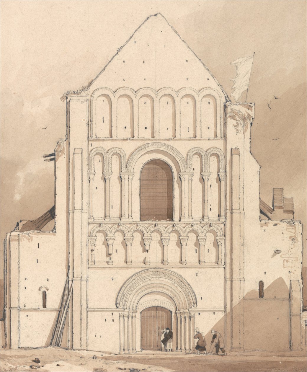 Fachada oeste de la iglesia de Oyestraham [Ouistreham], cerca de Caen, Normandía de John Sell Cotman