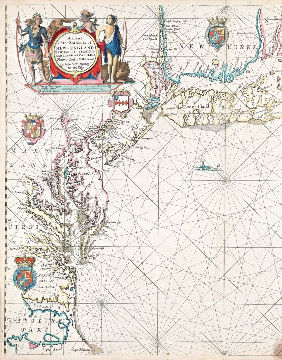 Carta de las costas marítimas de Nueva Inglaterra, Nueva Jersey, Virginia, Maryland y Carolina, desde Cabo Cod hasta Cabo Hatteras. de John Seller