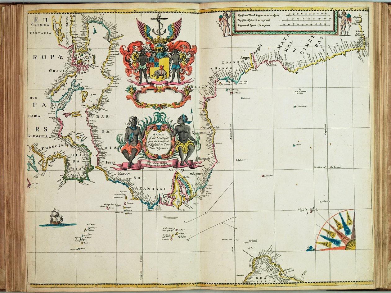 Carta de las costas marítimas desde el Landsend de Inglaterra hasta el cabo de Bona Esperanca de John Seller