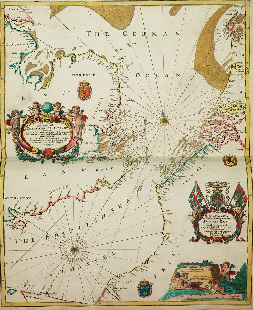 Un nuevo mapa de las costas marítimas de Inglaterra, Francia y Holanda, con los nombres ingleses, situación, punto de la brújula, y distancia de los diversos puertos, puertos, puertos, calas, arenas". de John Seller