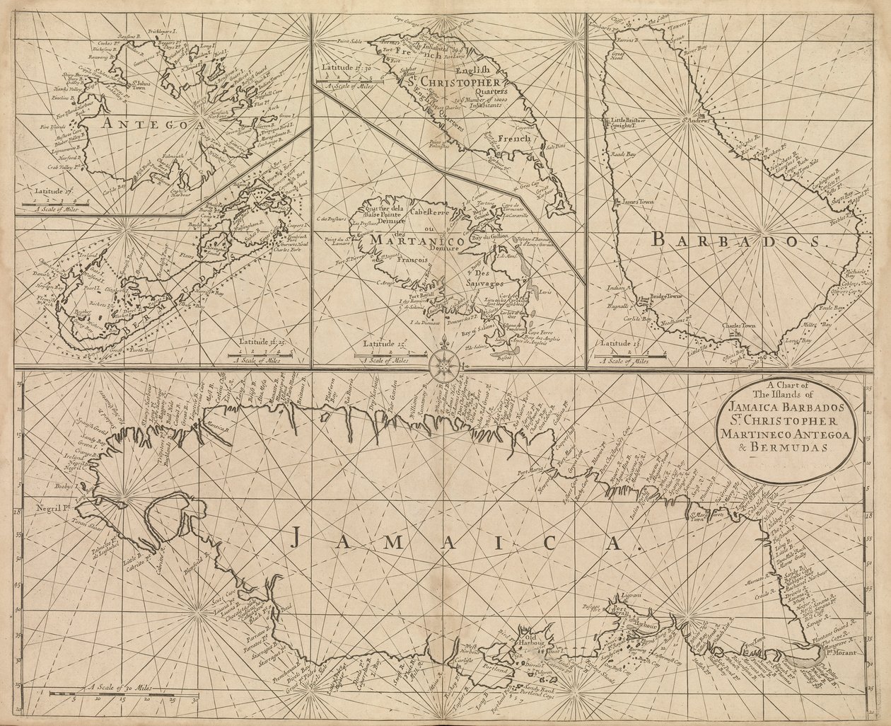 Carta de Jamaica, Barbados, San Cristóbal, Martinica, Antigua y Bermudas de John Seller