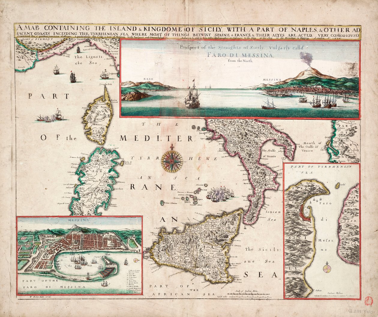 Mapa que contiene la isla y el reino de Sicilia, con una parte de Nápoles, y otras costas adyacentes, incluido el mar Tirreno. de John Seller