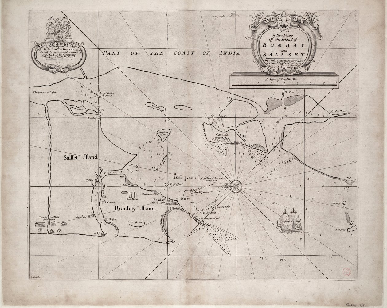 Mapa de Bombay y Sallset por Samuel Thornton, hidrógrafo de la Compañía de las Indias Orientales, publicado por primera vez hacia 1685. de John Seller