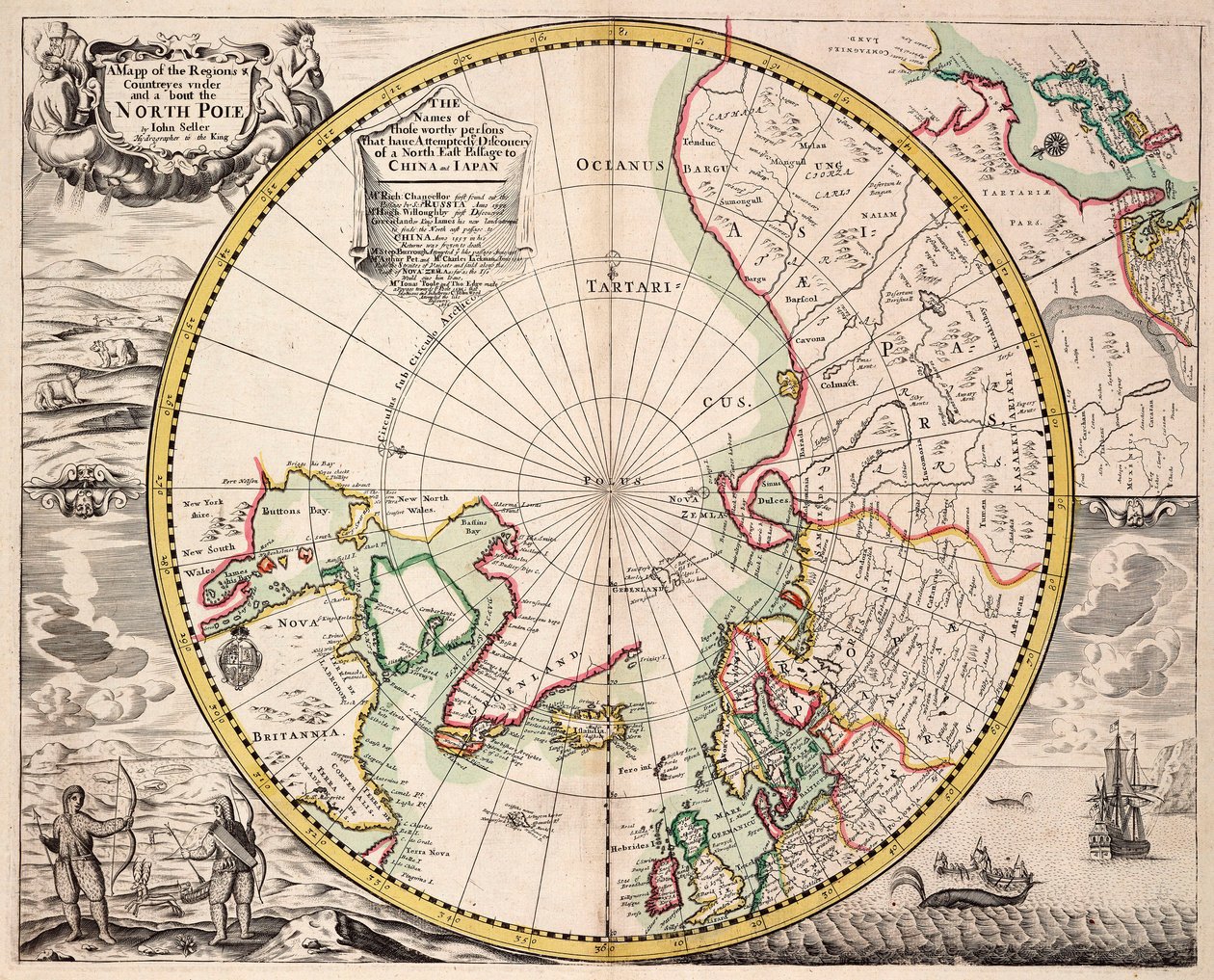 Mapa de proyección polar con el Círculo Polar Ártico, c.1680 (grabado coloreado) de John Seller
