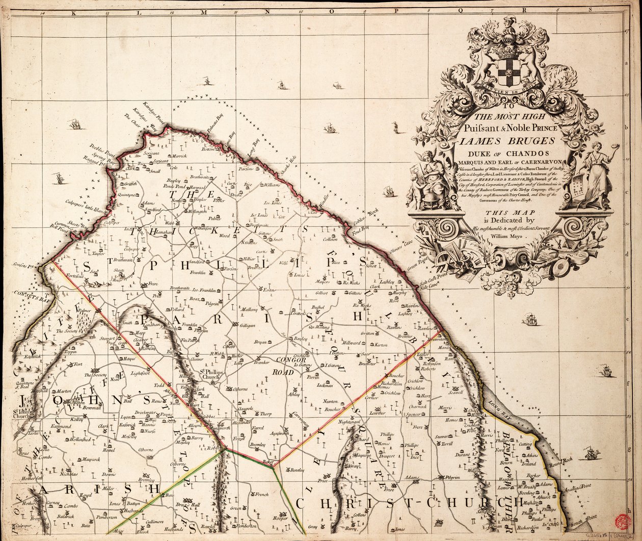 Mapa nuevo y exacto de la isla de Barbados en América, según el levantamiento topográfico realizado en los años 1717 a 1721 por William Mayo de John Senex