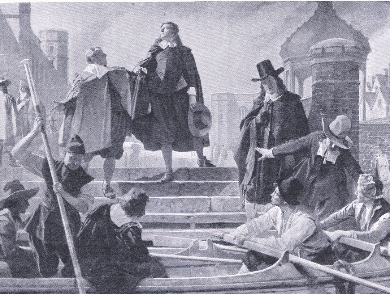 Huida de los cinco miembros, ilustración de La Historia del Pueblo Británico publicada por Waverley, c.1940 de John Seymour Lucas