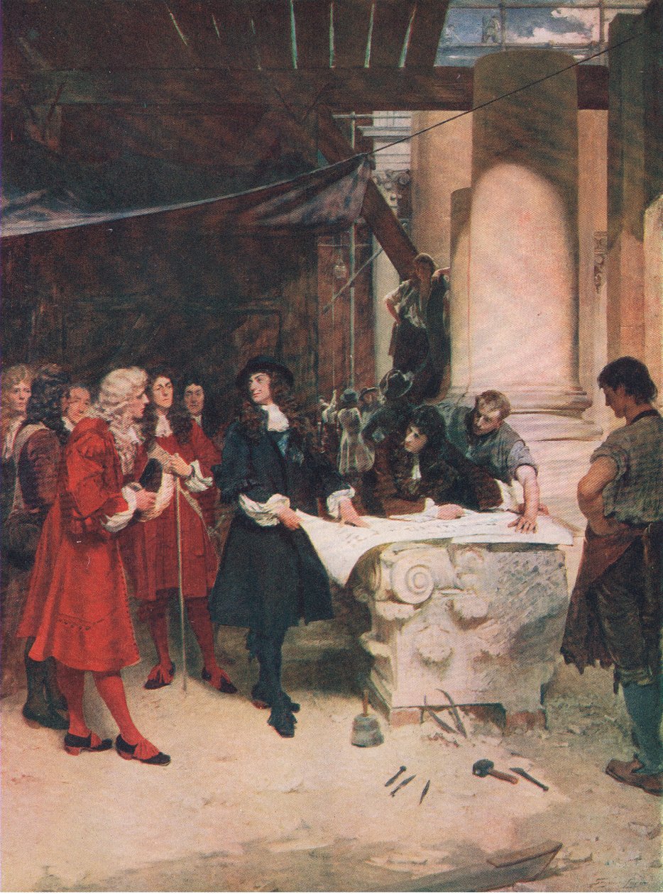 Visita del Rey Carlos a Wren durante la construcción de la Catedral de San Pablo, ilustración de la Historia del Pueblo Británico de John Seymour Lucas