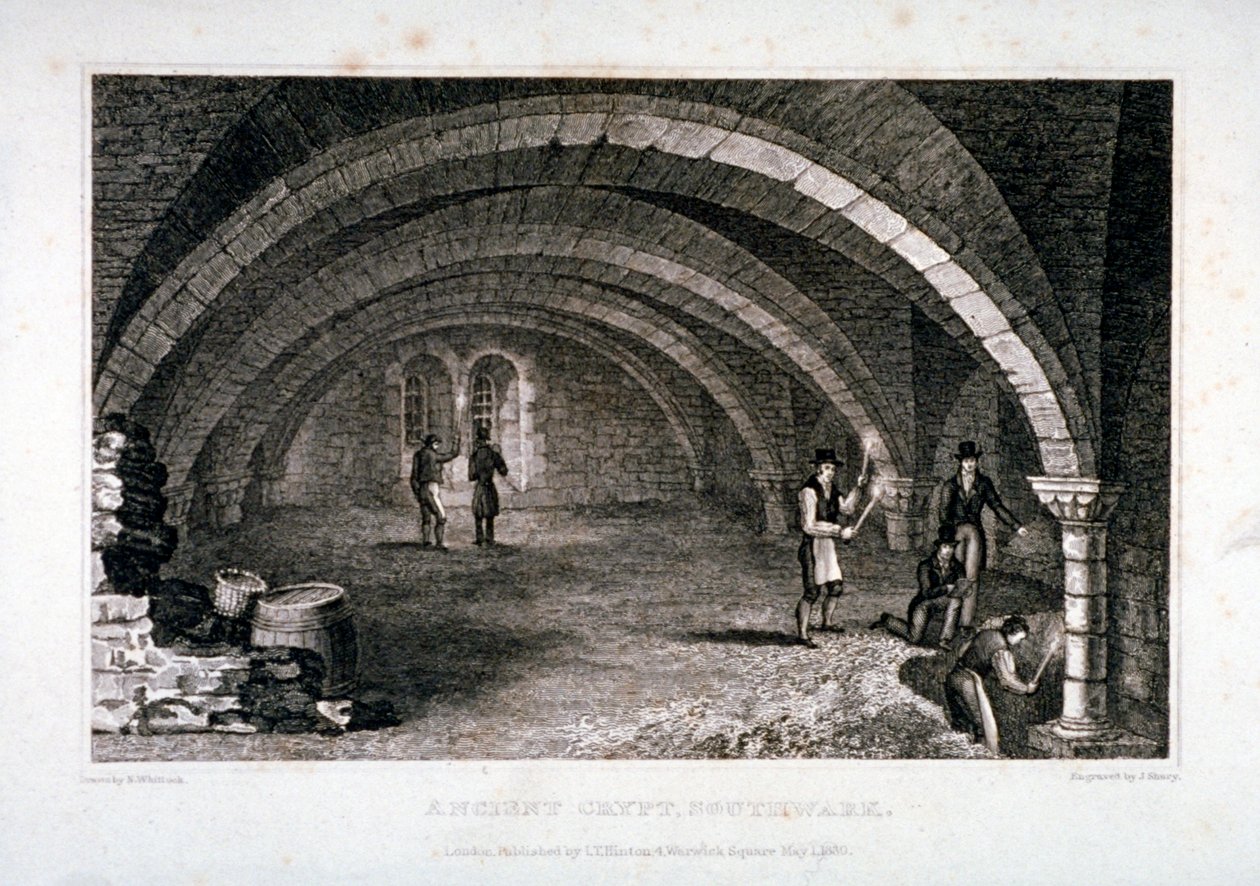 Vista interior de la cripta, Iglesia de St Saviour, Southwark, Londres, 1830 de John Shury