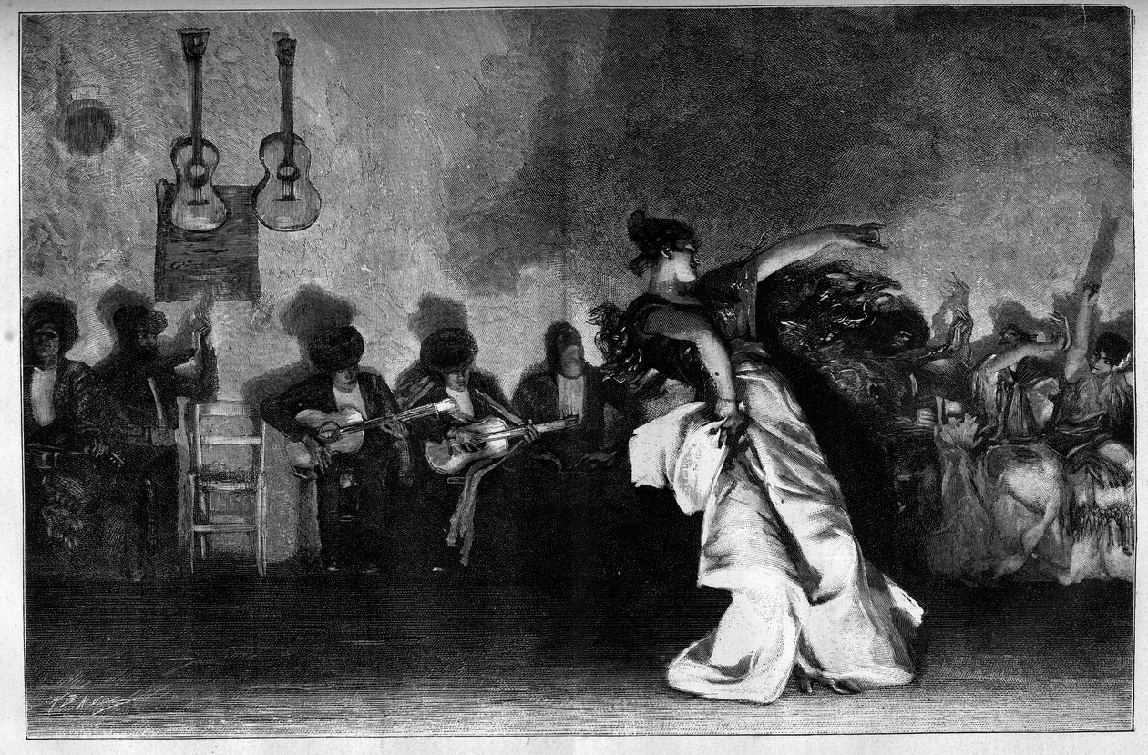 El Jaleo - Bailes gitanos. Guitarristas y bailarina de flamenco. Grabado después de la pintura de John Singer Sargent (1856-1925) en “El Mundo Ilustrado” n°1335 del 28 de octubre. de John Singer (after) Sargent