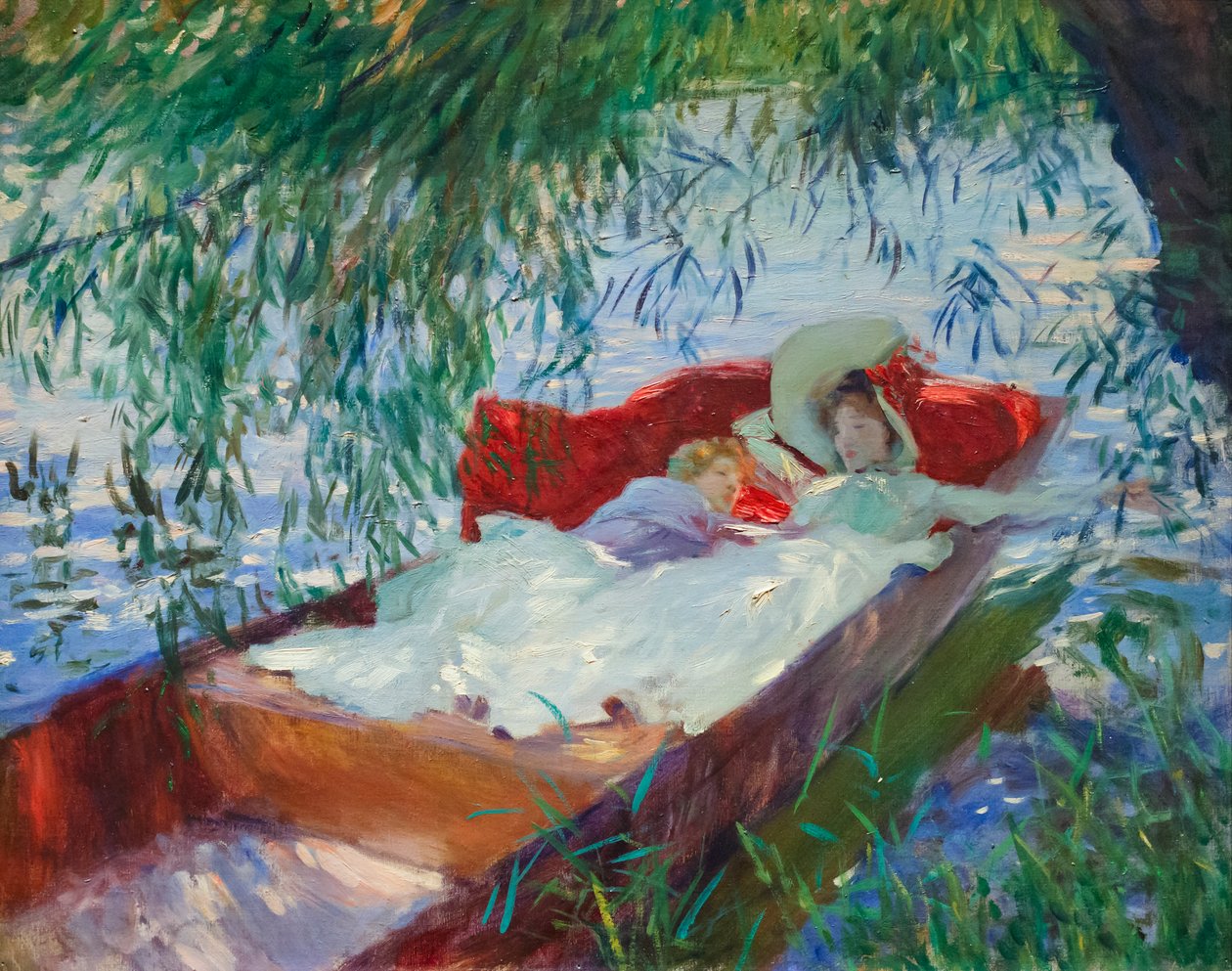 Dama y niño dormidos en una batea bajo el sauce de John Singer Sargent