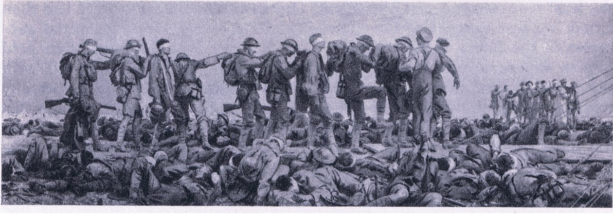 La estación de primeros auxilios. Víctimas de gas mostaza, de British Adventure publicado por Collins, 1947 de John Singer Sargent