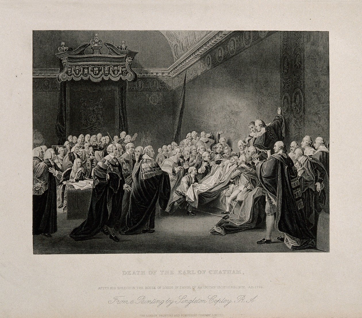 La muerte de William Pitt, lord Chatham, en la Cámara Alta del Palacio de Westminster, 1778. Grabado basado en una obra de J. Copley, 1779. de John Singleton Copley