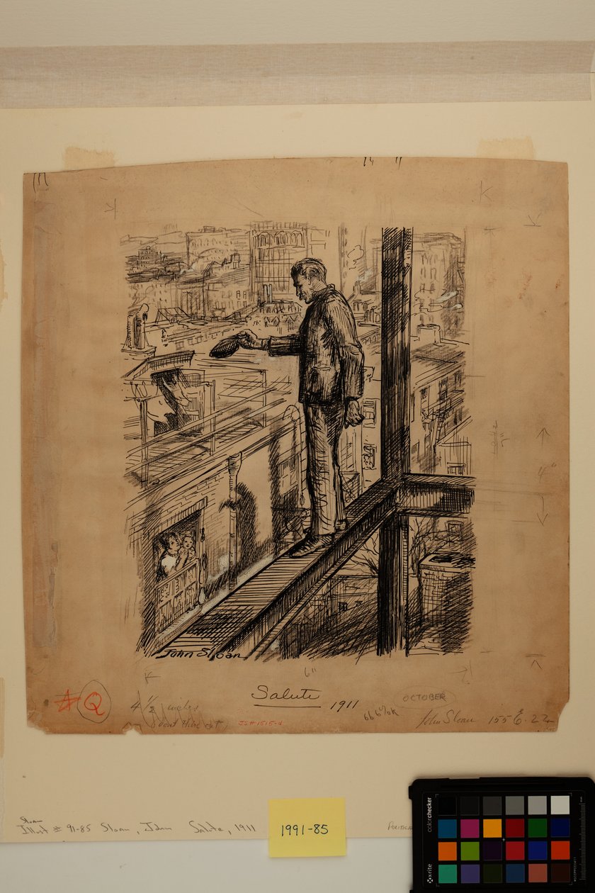 Salute, c.1911 (tinta, carboncillo y pintura blanca de zinc sobre papel) de John French Sloan