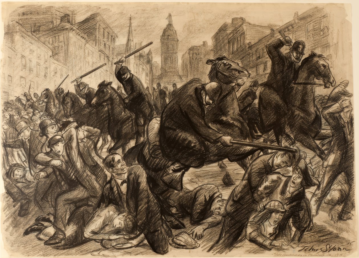 La policía; vigilancia de los distritos rurales de Filadelfia, 1910 de John Sloan