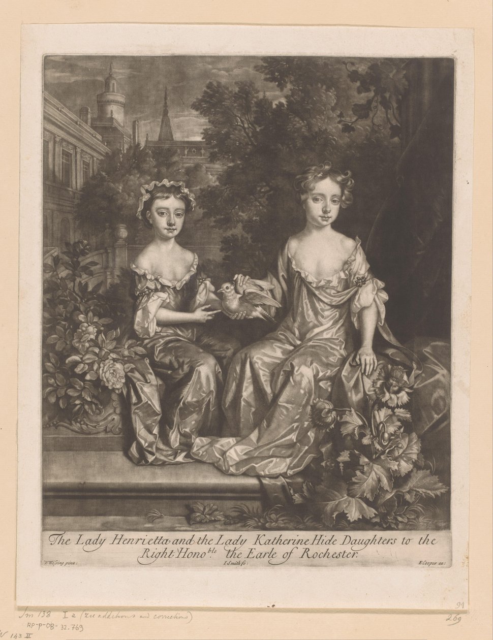 Portret van Henrietta y Katherine Hyde conocieron a een duif Lady Henrietta y Lady Katherine Hide, hijas del / Muy Honorable Conde de Rochester (título sobre el objeto) de John Smith