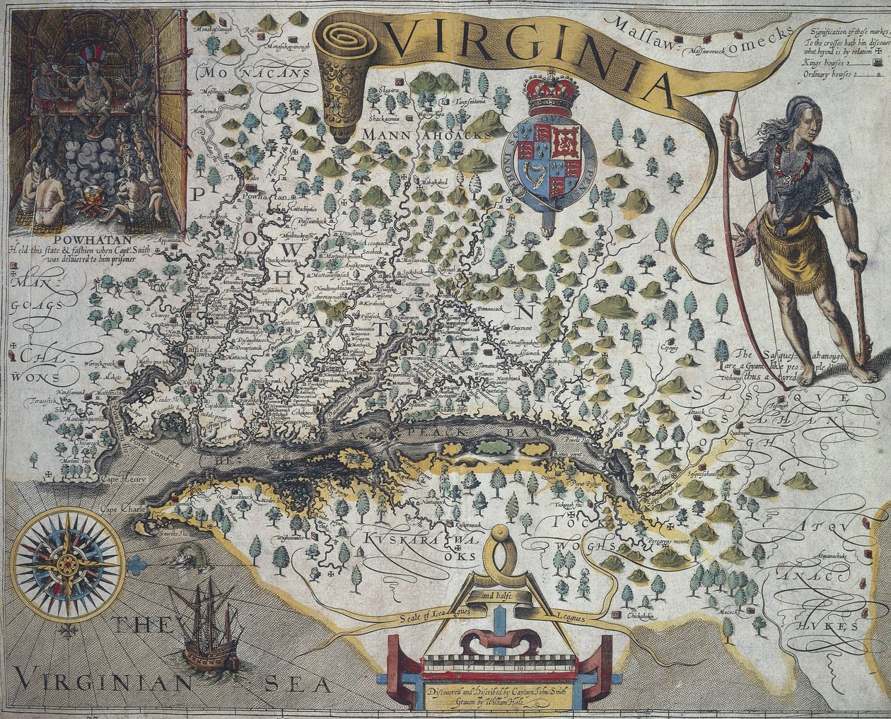 Mapa de Virginia: Recuadro (arriba a la izquierda) que muestra el interior de la cabaña del jefe indio Powathan, por John Smith (1580-1631) de John Smith